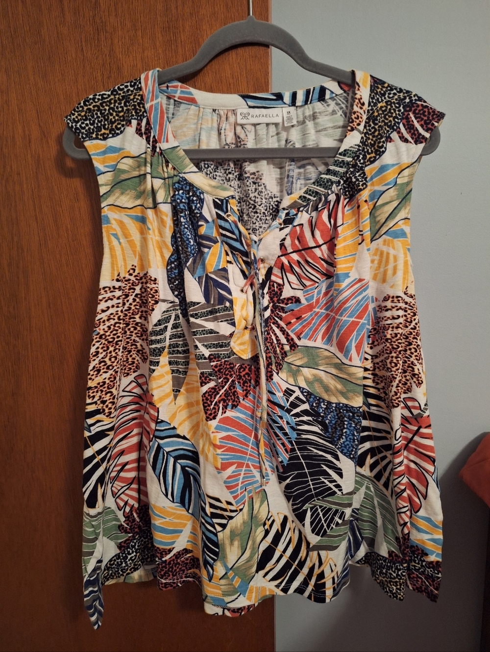 Rafaella Multicolor Tropical Leaf Print Tie-Neck Sleeveless Top Women's Size 3X